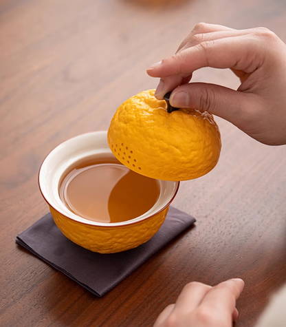 Yellow Orange Shape Covered Bowl Ceramic Tea Cup Tea Set (2 Cups)